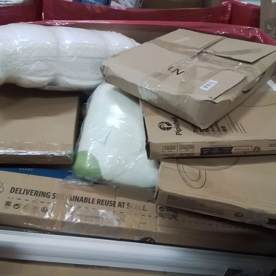 PALLET CONTAINING VARIOUS ASSORTED BOXED HOUSEHOLD ITEMS TO INCLUDE: ROLLER BLINDS, SHOE STORAGE BOXES, TOILET SEATS AND LOTS MORE UNMARKED BOXED ITEMS 