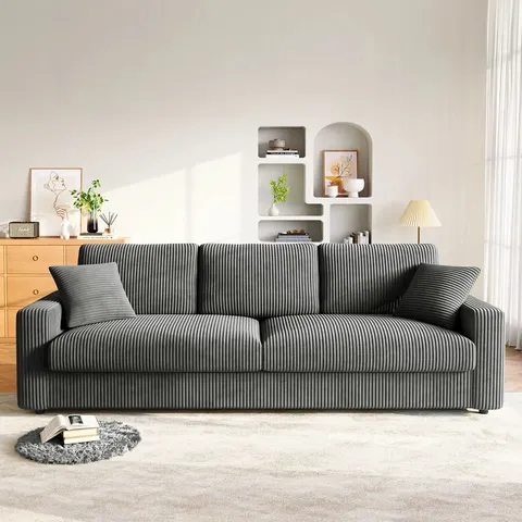 BOXED MODERN 256cm CORDUROY SOFA, WIDE ARMREST, OVERSIZED SOFA - DARK GREY (1 BOX)