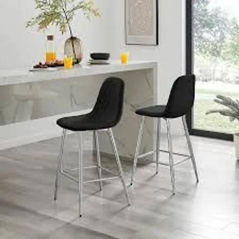 BOXED PAIR OF CORONA BLACK FAUX LEATHER BAR STOOLS WITH SILVER LEGS 