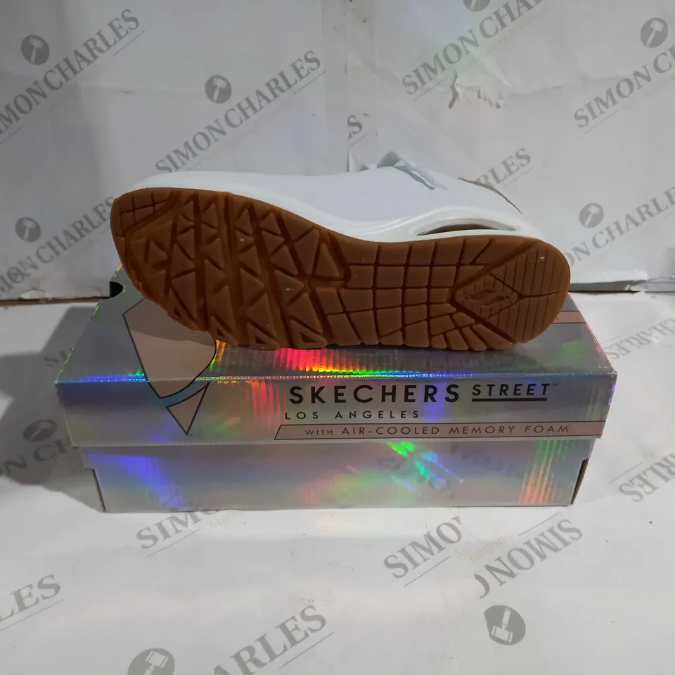 BOXED PAIR OF SKECHERS STREET SHOES WHITE/ROSE GOLD UK SIZE 6