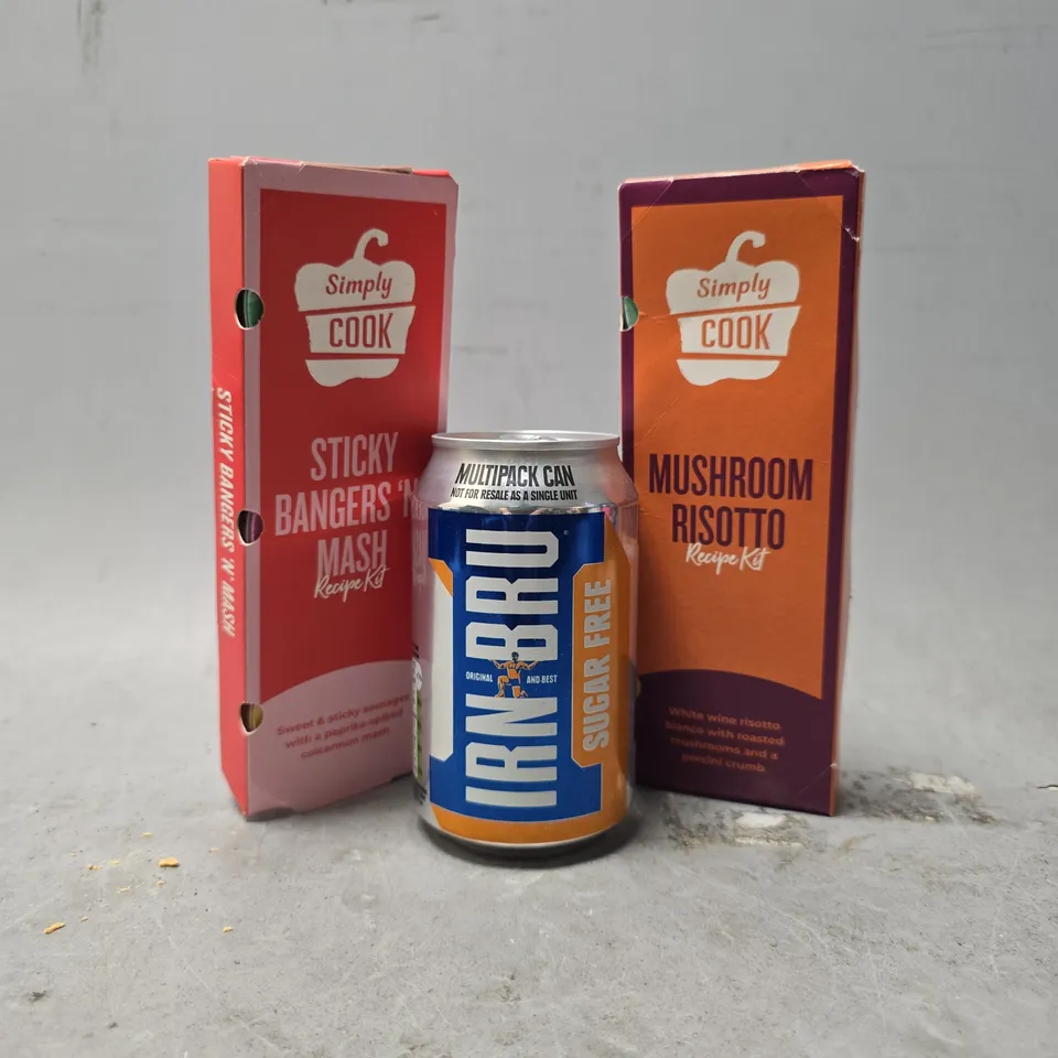 APPROXIMATELY 16 ASSORTED FOOD & DRINK ITEMS TO INCLUDE - SIMPLY COOK MUSHROOM RISOTTO , IRN BRU SUGAR FREE ETC