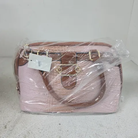 PINK CROC-EMBOSSED HANDBAG WITH BROWN LEATHER TRIM 