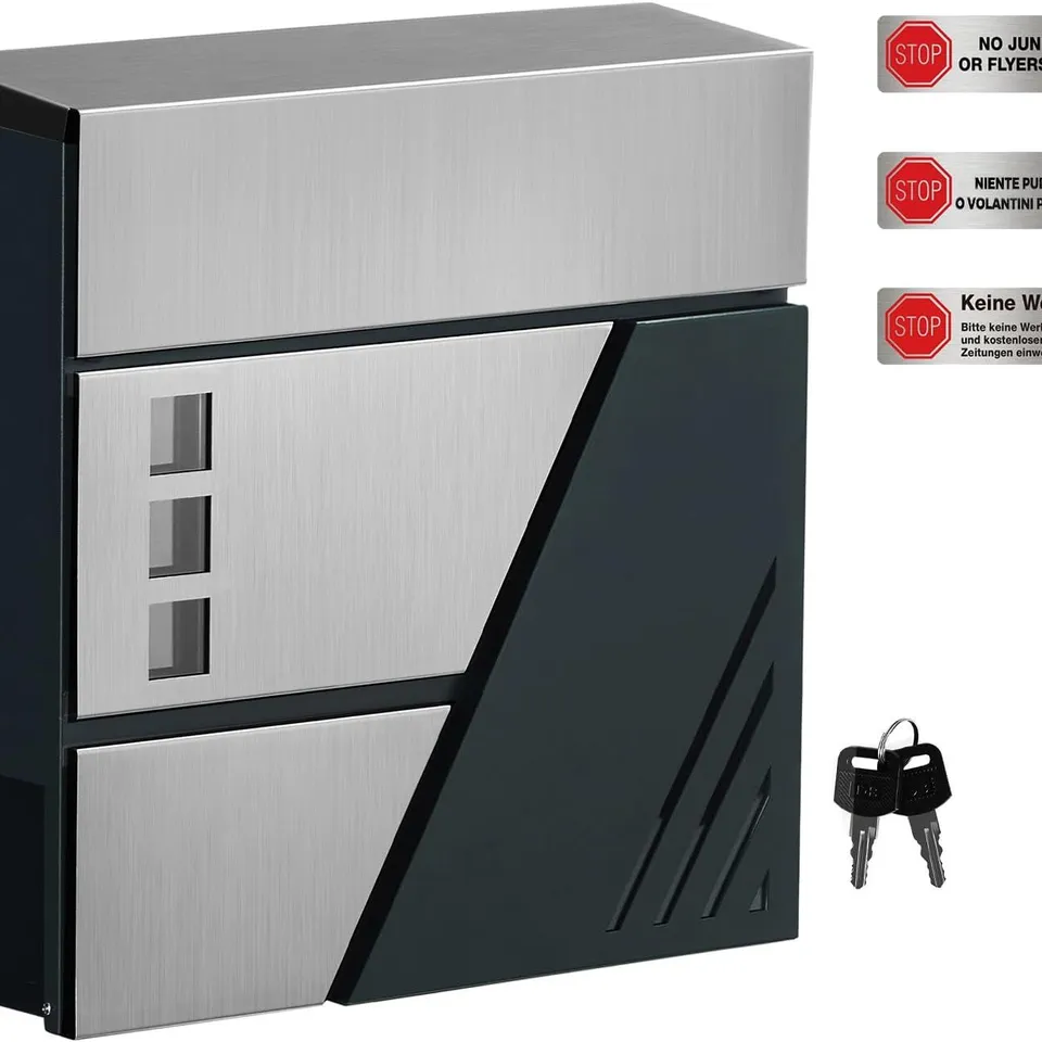 BOXED SONGMICS WALL MOUNTED LETTER BOX WITH VIEWING WINDOWS - SILVER/CHARCOAL GREY 