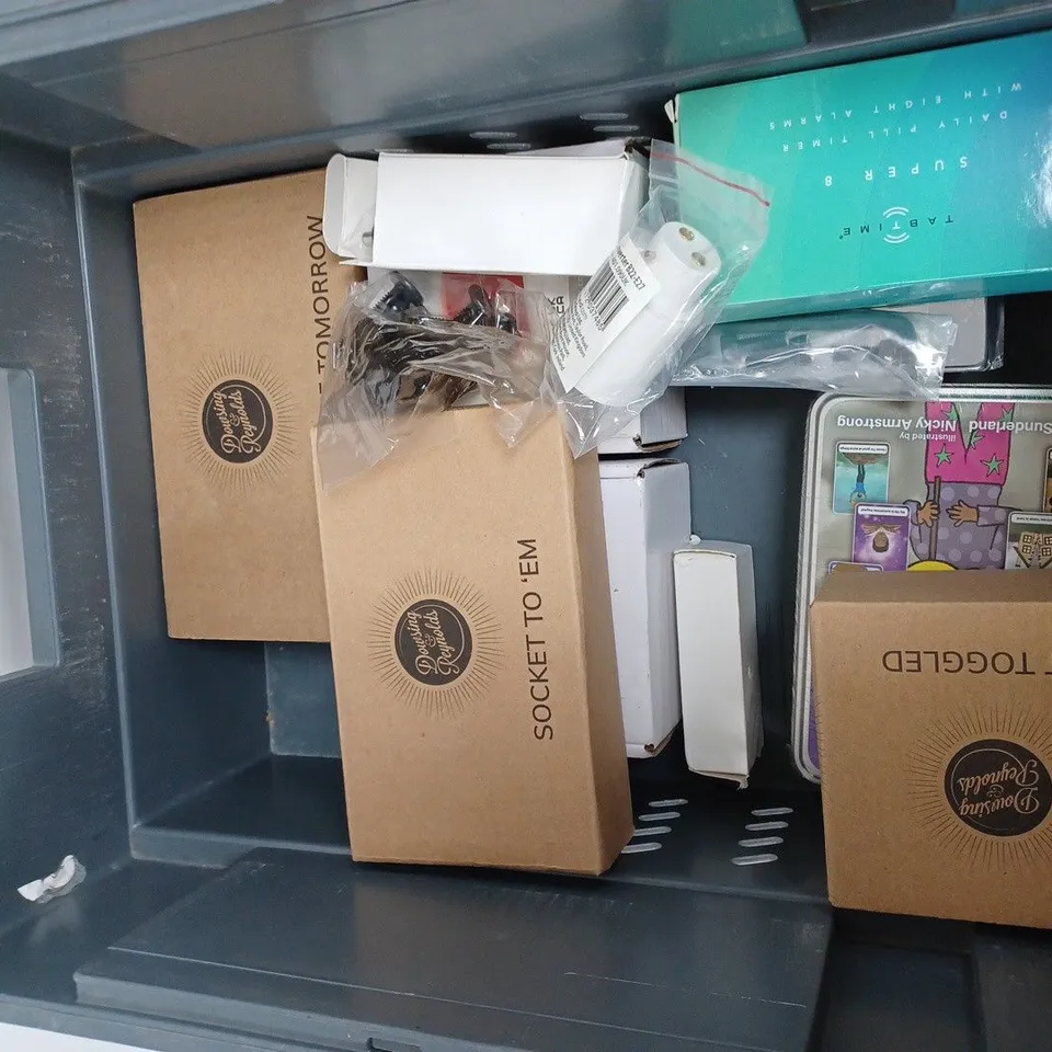 LOT OF HOUSEHOLD ITEMS TO INCLUDE TRAVEL ADAPTERS, LOCK AND KEY, ETC