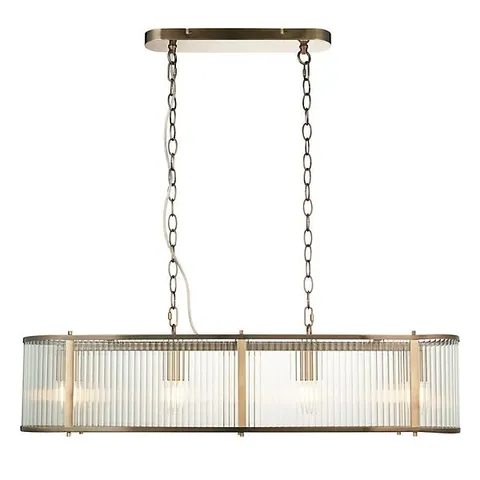 Luminosa Ridgeton Bar Pendant Ceiling Light Antique Brass Plate, Clear Ribbed Glass, 4x E14