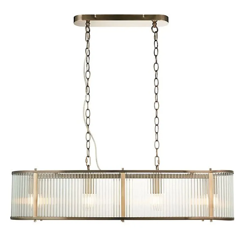 Luminosa Ridgeton Bar Pendant Ceiling Light Antique Brass Plate, Clear Ribbed Glass, 4x E14
