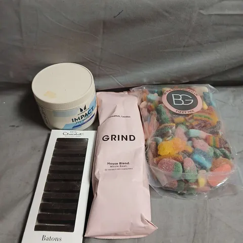 APPROXIMATELY 7 ASSORTED FOOD/DRINK PRODUCTS TO INCLUDE GRIND COFFEE, PRE-WORKOUT, BG FIZZY SWEET MIX ETC 