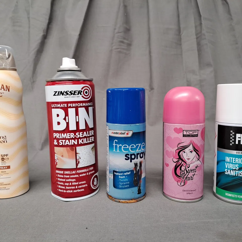 APPROXIMATELY 10 ASSORTED AEROSOL ITEMS IN INCLUDE LOTION SPRAY, FREEZE SPRAY, DEODORANT, ETC - COLLECTION ONLY