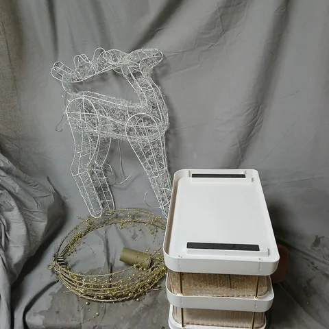 CAGE OF APPROXIMATELY 8 ASSORTED ITEMS TO INCLUDE STORAGE DRAWER UNIT, REINDEER DECORATION, BEADED SPHERE ETC