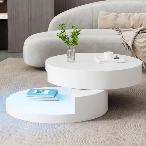 BOXED ROUND ROTATING COFFEE TABLE WITH REMOTE-CONTROLLED LED STRIP, SPACE-SAVING TABLETOP WITH DOUBLE-LAYER STORAGE, 70L X 70W X 35.5H CM, WHITE