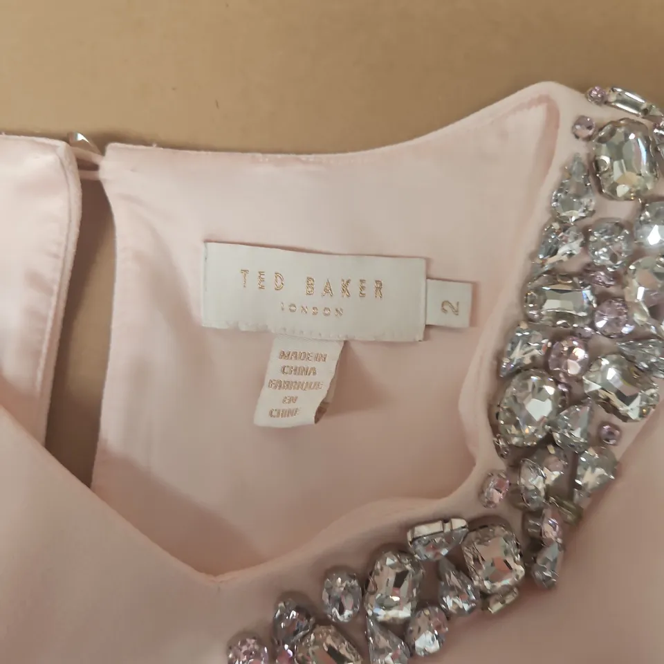 TED BAKER LONDON PINK EVENING DRESS WITH CRYSTAL NECKLINE, UK SIZE 2