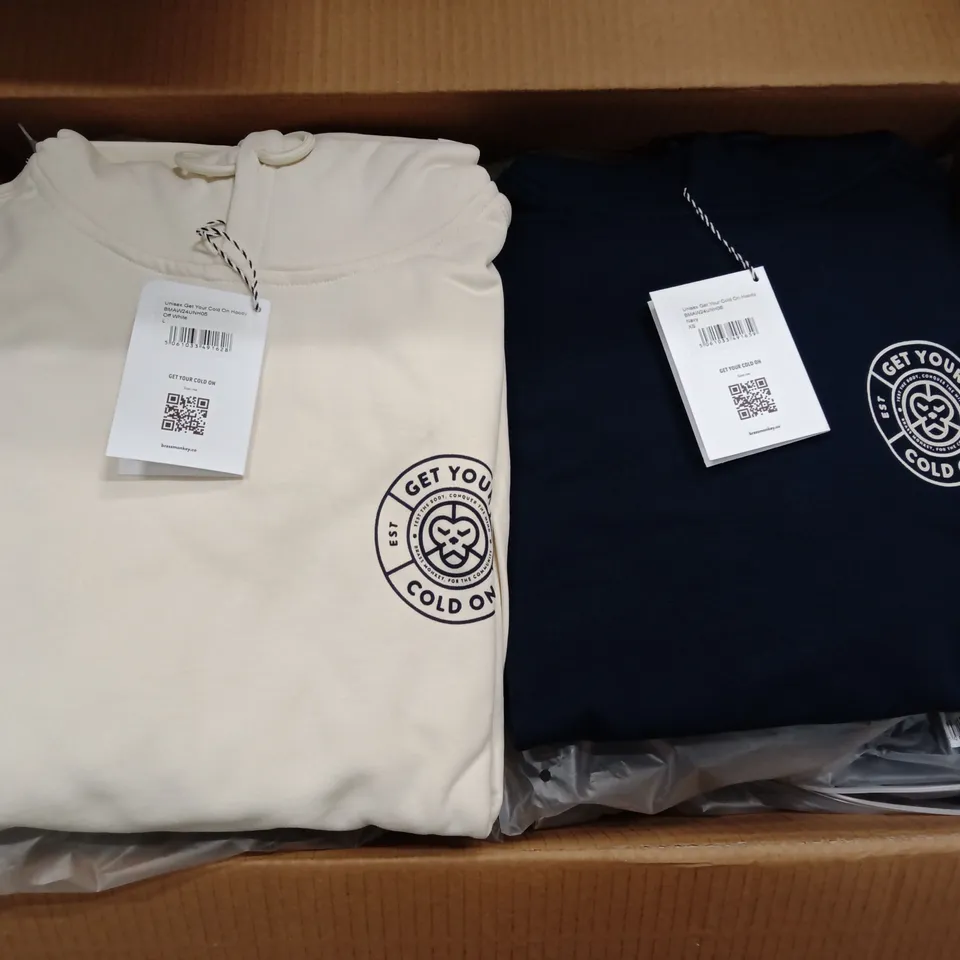 BOX OF MIXED BRAND NEW BRASS MONKEY CLOTHING HOODIES - MIXED SIZES - APPROXIMATELY 15X ITEMS