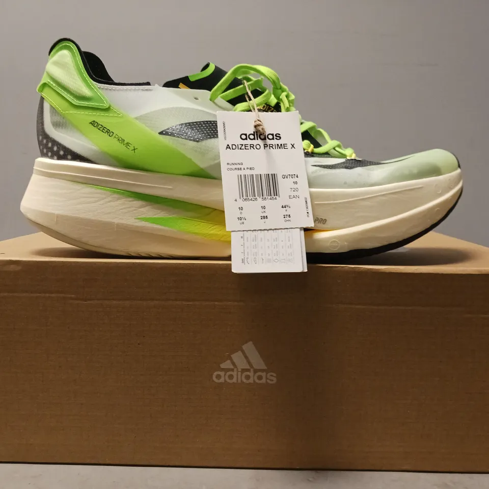 BOXED PAIR OF ADIDAS ADIZERO PRIME X SHOES IN CLEAR/GREEN UK SIZE 10