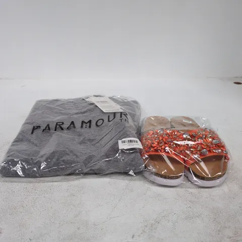 BOX OF APPROXIMATELY 20 ASSORTED ITEMS TO INCLUDE PARAMOUR CLOTHING, SANDALS ETC