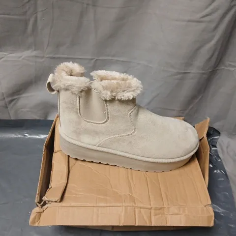BEIGE SUEDE ANKLE BOOTS WITH FAUX FUR TRIM (WOMEN'S). UK SIZE 4, 4.5
