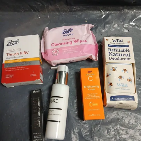 APPROXIMATELY 10 ASSORTED HEALTH & BEAUTY PRODUCTS TO INCLUDE WILD DEODORANT, CLEANSING WIPES, BRIGHTENING GEL ETC 