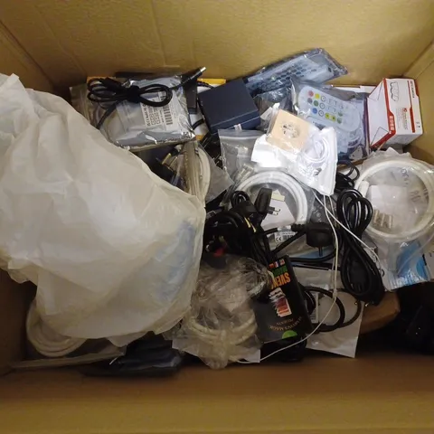 LARGE BOX OF ASSORTED ELECTRICAL ITEMS TOO INCLUDE LED LIGHTS , CHARGERS AND EARPHONES