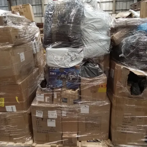PALLET OF ASSORTED FURNITURE, HOUSEHOLD GOODS & PRODUCTS TO INCLUDE; GAMING RACING WHEEL AND PEDALS, REFRIGERATION RECHARGING CABLE, SPRAY GUN ETC