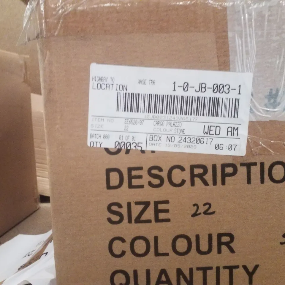 BOX CONTAINING APPROXIMATELY 35X BRAND NEW JD WILLIAM'S CARGO PALAZZO - COLOUR STONE - SIZE 22