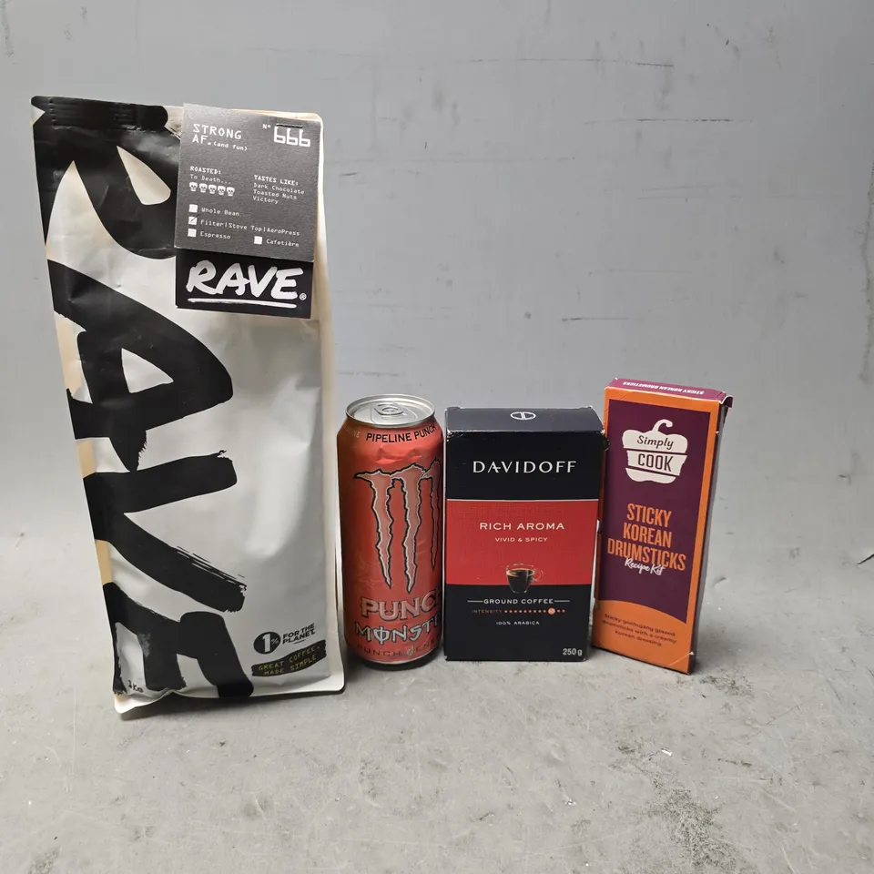 APPROXIMATELY 10 ASSORTED FOOD & DRINK ITEMS TO INCLUDE - RAVE STRONG AF COFFEE , MONSTER PUNCH , SIMPLY COOK STICKY KOREAN DRUMSTICKS ETC