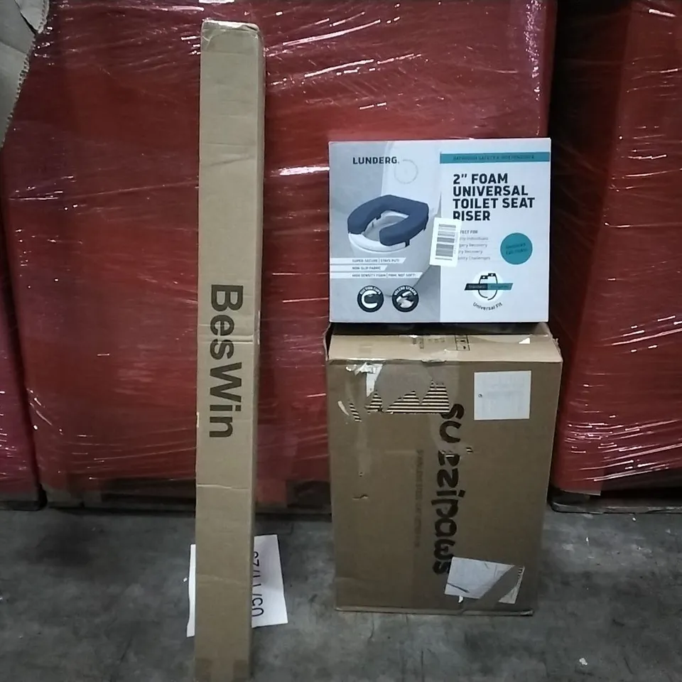 PALLET OF ASSORTED PRODUCTS AND HOUSEHOLD GOODS TO INCLUDE;FOAM TOILET SEAT RISER,STAINLESS STEEL CAT LITTER BOX,CHAIR MATT