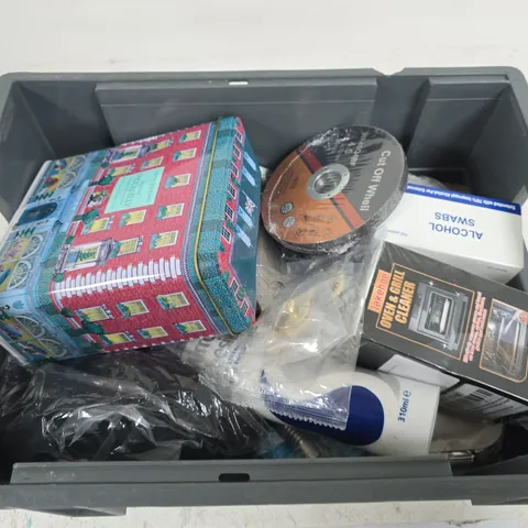 APPROXIMATELY 15 ASSORTED HOUSEHOLD PRODUCTS TO INCLUDE BISCUIT TIN , OVEN CLEANER AND CUT OFF WHELL