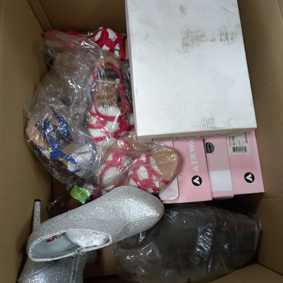 BOX OF APPROXIMATELY 15 PAIRS OF SHOES TO INCLUDE THICK SKATER TRAINERS, LOW FORMAL SHOES, HIGH GLITTER HEELS ETC