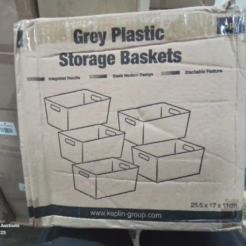 BOXED SET OF 5 GREY PLASTIC STORAGE BASKETS 