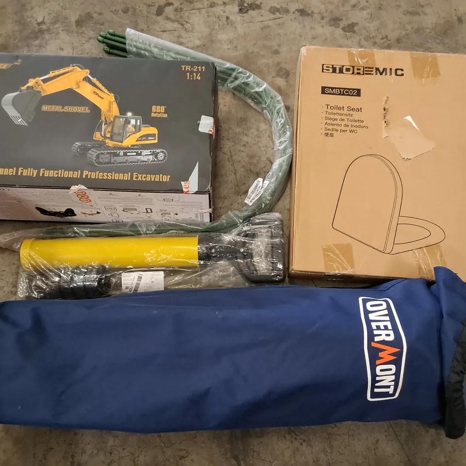 PALLET OF ASSORTED HOUSEHOLD ITEMS TO INCLUDE OVERMONT FOLDING CHAIR, R/C EXCAVATOR AND TOILET SEAT