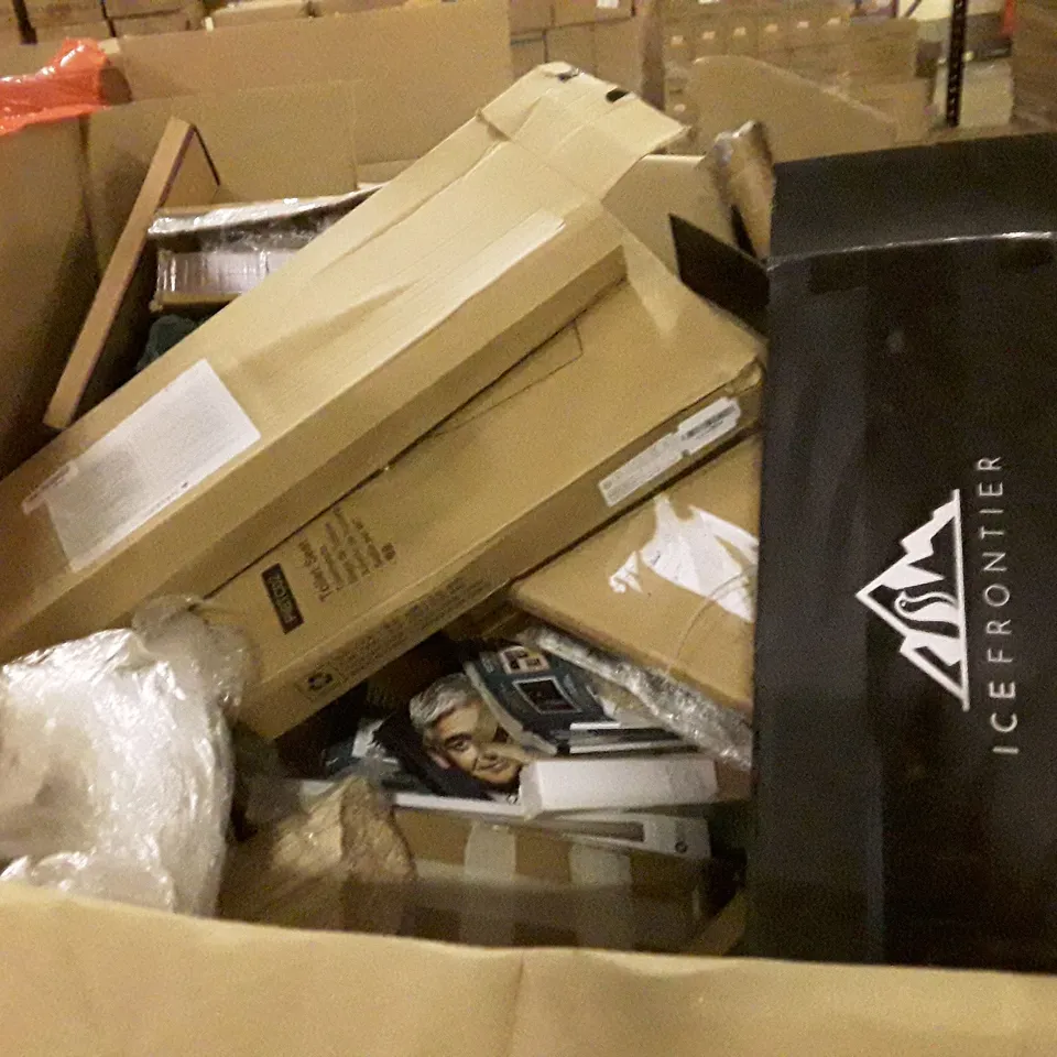 PALLET CONTAINING ASSORTED HOUSEHOLD PRODUCTS INCLUDING TOILET SEAT, MAGAZINES, PLANT-BASED CHOCOLATE, PROTIEN BARS, PORTABLE CART ETC 