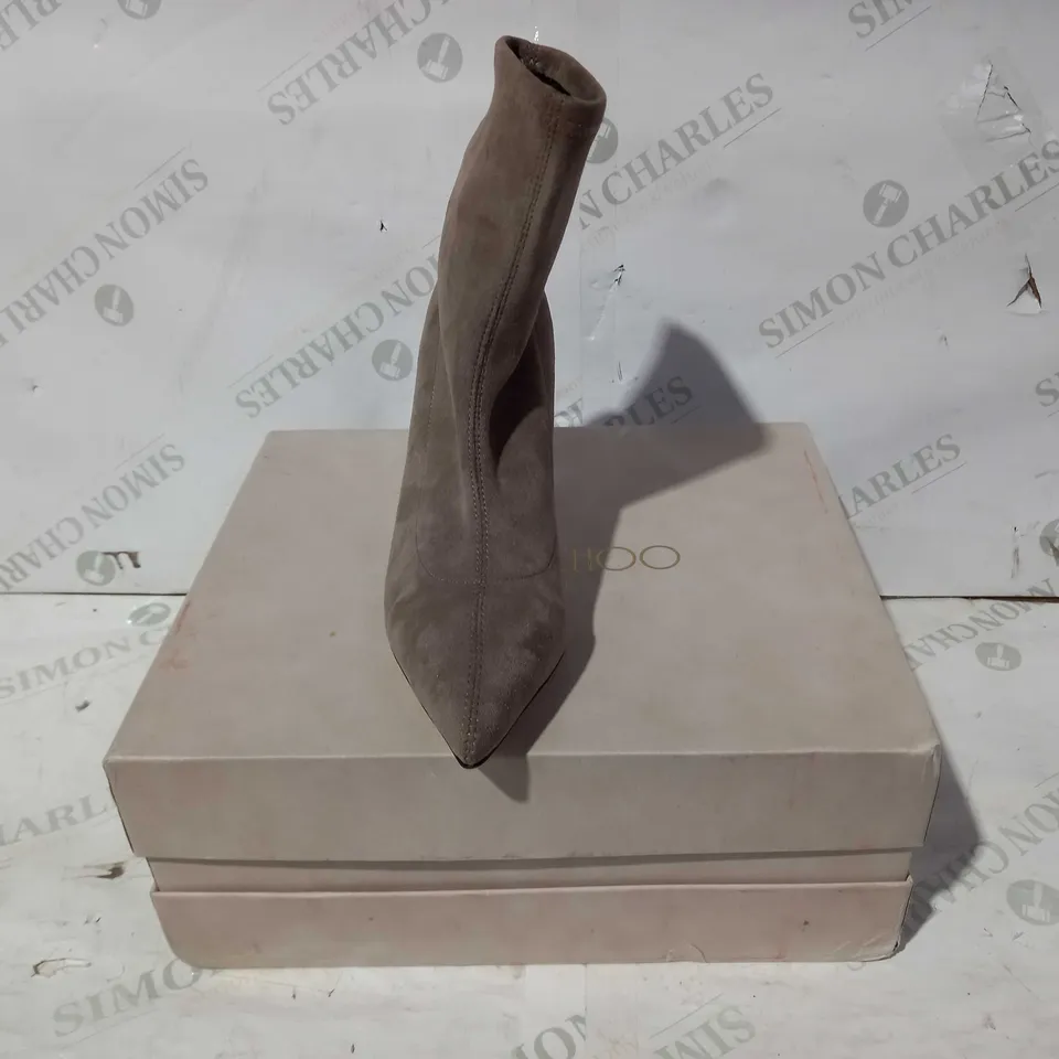 BOXED PAIR OF JIMMY CHOO HEELED FAUX SUEDE BOOTS IN KHAKI EU SIZE 38