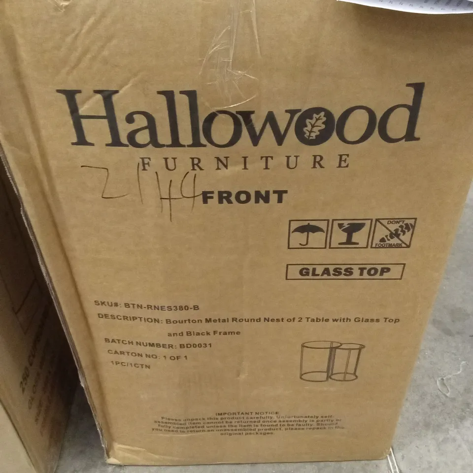 BOXED BOURTON METAL ROUND NEST OF 2 TABLES WITH GLASS TOP AND BLACK FRAME (1 BOX)