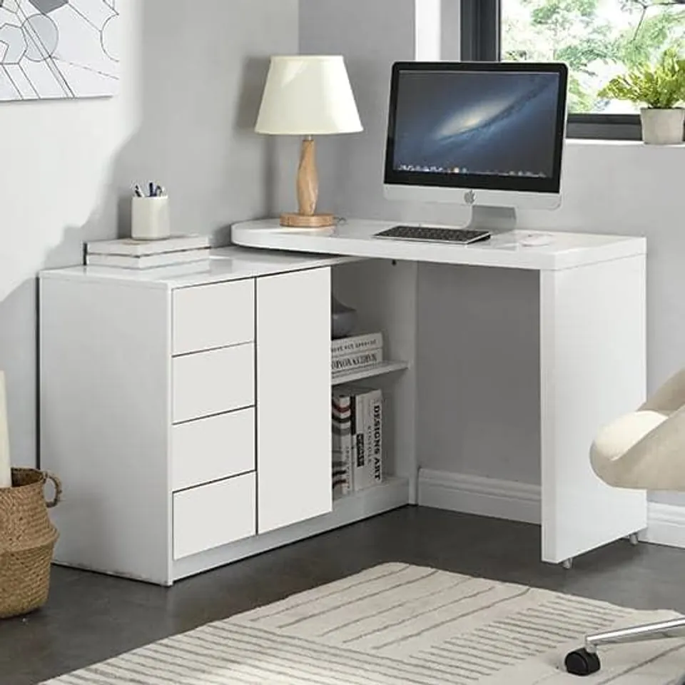 BOXED MATT SWIVELLING HIGH GLOSS COMPUTER DESK IN WHITE (2 BOXES)