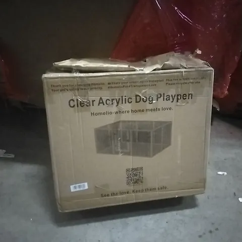 PALLET OF ASSORTED ITEMS INCLUDING- CLEAR ACRYLIC DOG PLAYPEN