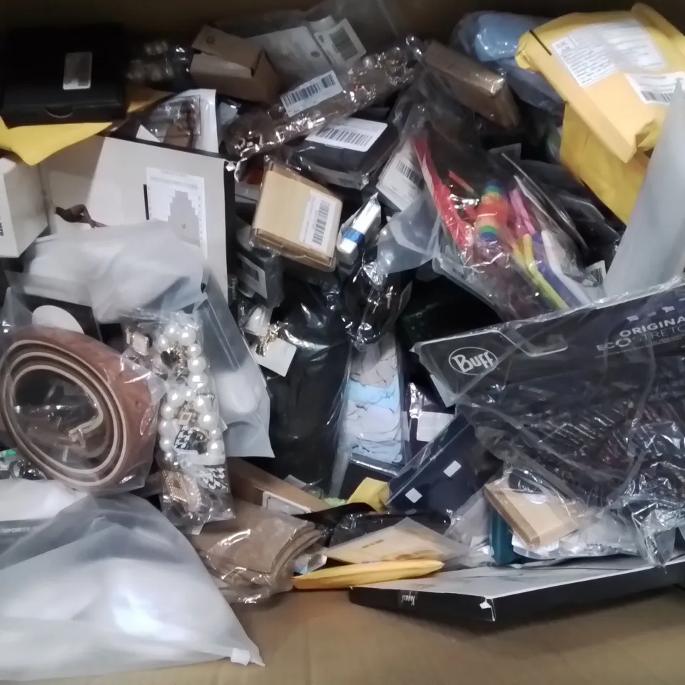 BOX CONTAINING LARGE AMOUNT OF MIXED FASHION ITEMS, SILVER PLATE AND COSTUME JEWELLERY, CLOTHING ITEMS ETC.
