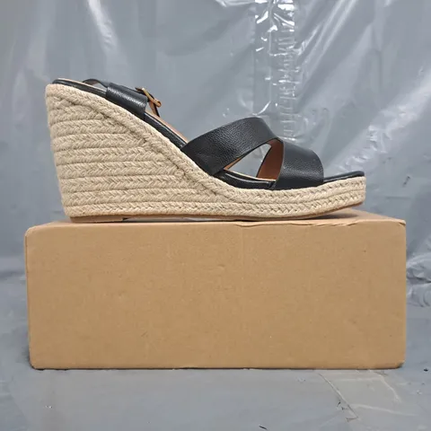 BOXED PAIR OF WHERE'S THAT FROM OPEN TOE WEDGE SANDALS IN BLACK SIZE UK 8