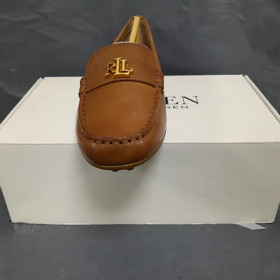 BOXED PAIR OF RALPH LAUREN LOAFERS IN BROWN SIZE UK SIZE 6