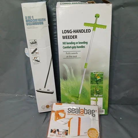 APPROXIMATELY 10 ASSORTED ITEMS TO INCLUDE LONG HANDELED WEEDER, BRO=OM WITH SQUEEGEE, SEALABAG, ETC