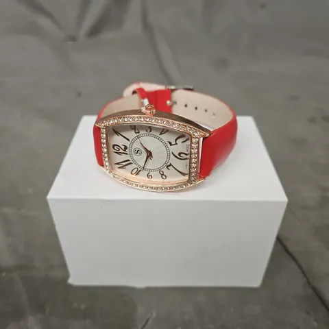 STRADA LADIES' WRISTWATCH – RED STRAP, CRYSTAL BEZEL, ROSE-GOLD TONE CASE