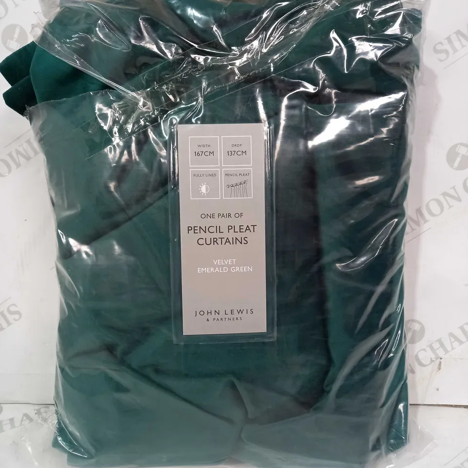 JOHN LEWIS PAIR OF PENCIL PLEAT CURTAINS VELVET EMERALD GREEN