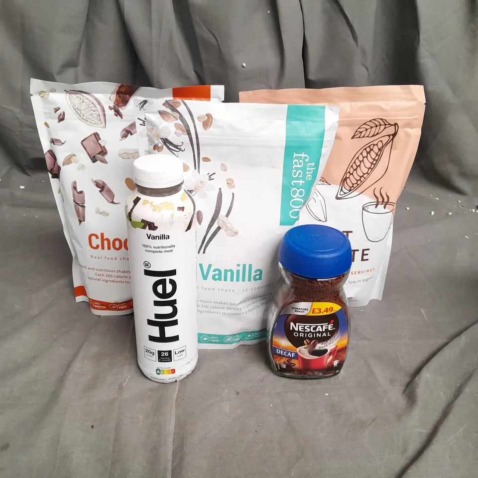 17 ASSORTED FOOD ITEMS TO INCLUDE HUEL VANILLA, CHOCOLATE SHAKE POWDER, VANILLA SHAKE POWDER, KETO HOT CHOCOLATE POWDER AND NESCAFE ORIGINAL DECAF COFFEE- COLLECTION ONLY