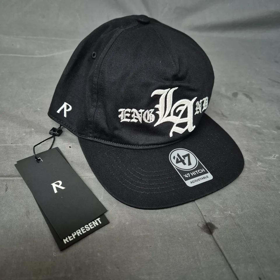 REPRESENT BLACK BASEBALL CAP WITH WHITE EMBROIDERY – ADJUSTABLE STRAP (47 HITCH)