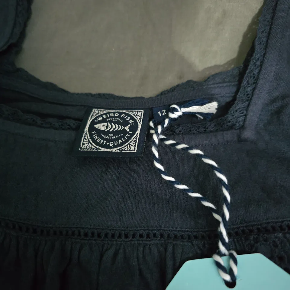 WEIRD FISH NAVY SLEEVELESS TOP WITH LACE PANELS – UK 12