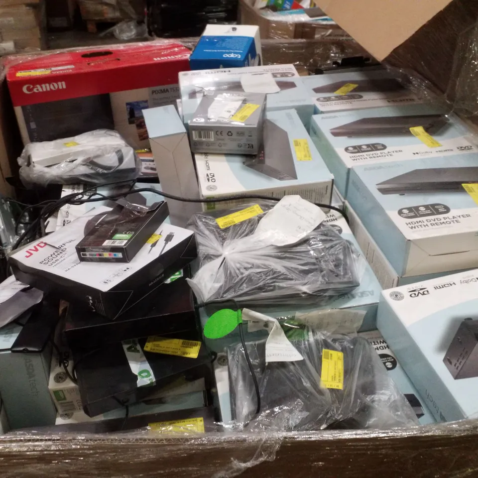 PALLET CONTAINING ASSORTED ELECTRICAL PRODUCTS INCLUDING CANON PRINTER, HDMI DVD PLAYERS, FM RADIO & EARBUDS