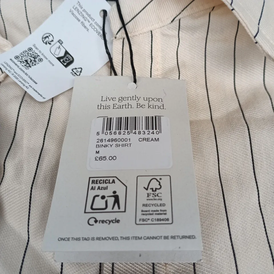NOBODY'S CHILD BINKY SHIRT – CREAM WITH NAVY PINSTRIPES, SIZE M (KIDS)