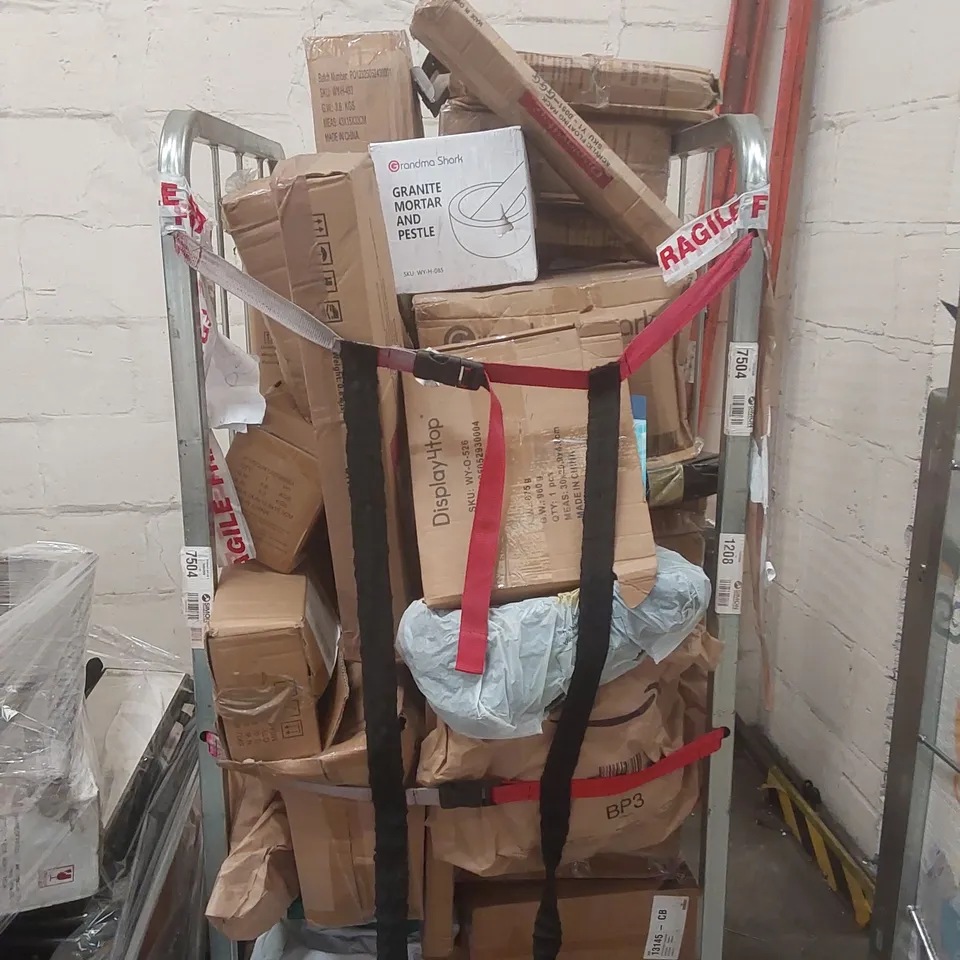 CAGE CONTAINING A LARGE QUANTITY OF ASSORTED ITEMS INCLUDING: GRANITE PESTLE & MORTAR, CLOTHES HANGERS, ACRYLIC FLOATING RACK ECT // CAGE NOT INCLUDED