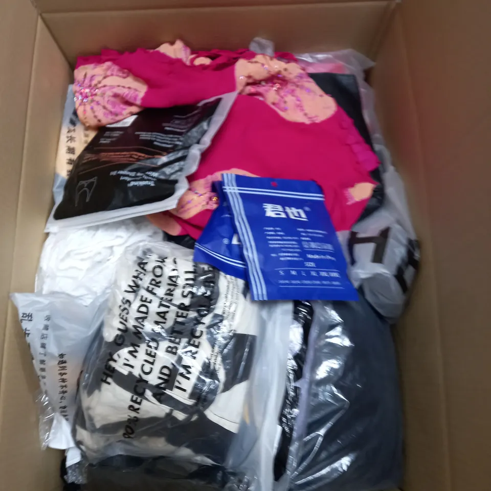 BOX OF ASSORTED CLOTHING ITEMS TOO INCLUDE JUMPERS, SHIRTS AND TROUSERS IN VARIOUS SIZES AND COLOURS   