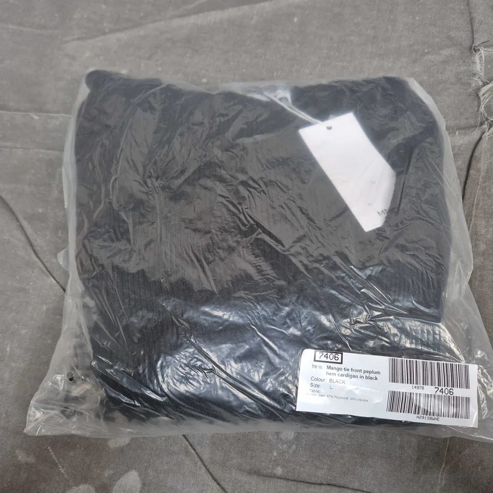 BAGGED MNG TIE FRONT PEPLUM HEM CARDIGAN IN BLACK - LARGE