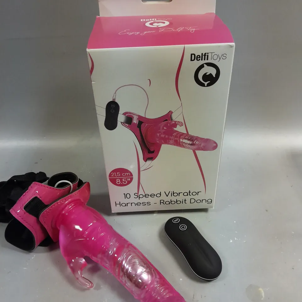 BOXED DELFI TOYS 10 SPEED RABBIT DONG VIBRATOR HARNESS 