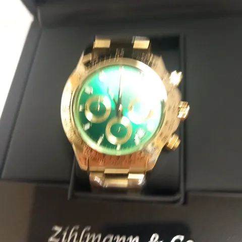 MENS ZIHLMANN & Co Z400 WATCH β CHRONOGRAPH MOVEMENT β GOLD COLOUR STAINLESS STEEL STRAP β GREEN DIAL β 3ATM WATER RESISTANT